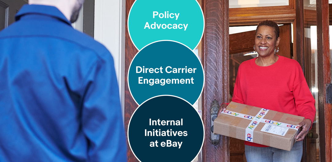  Woman receives an eBay package at her doorstep, with three text bubbles reading Policy Advocacy, Direct Carrier Engagement, and Internal Initiatives at eBay.