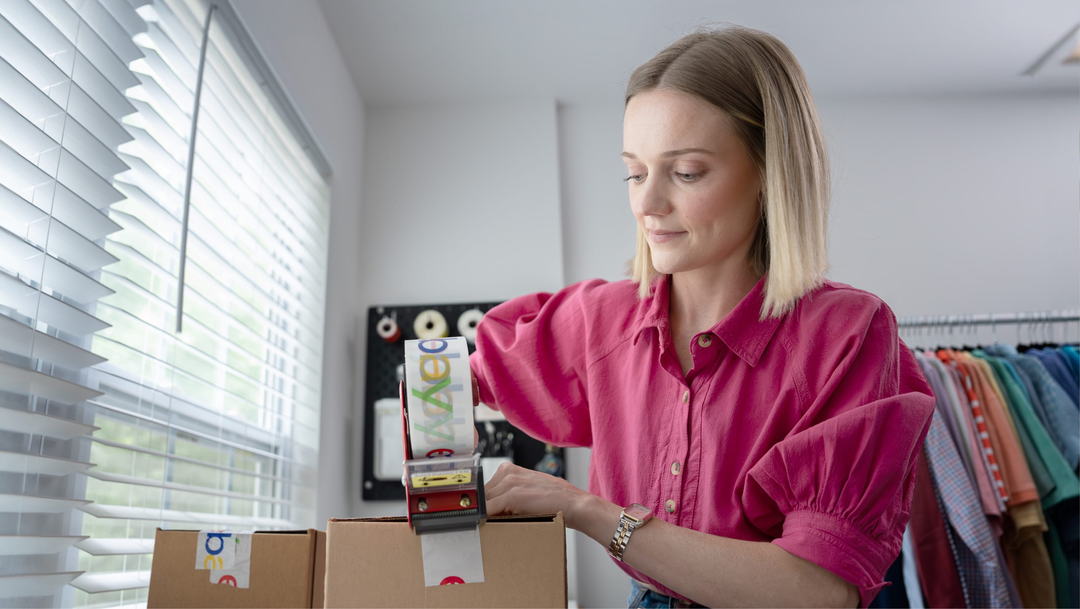 eBay seller boxes up items for shipping.