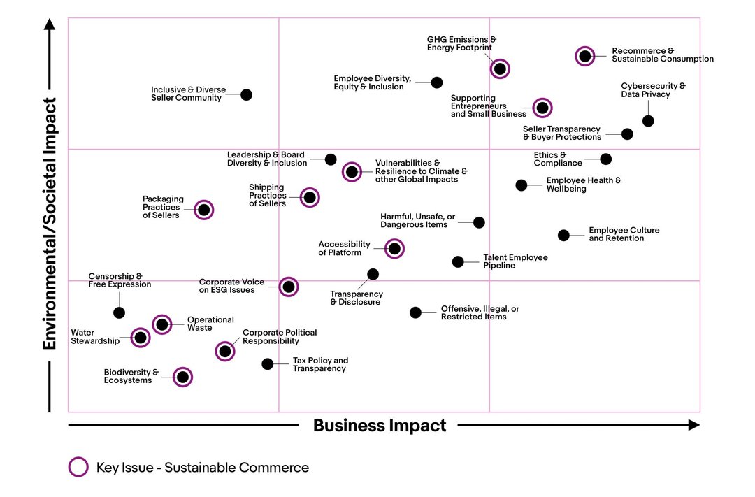 Sustainability Materiality Matrix, Sustainable Commerce chart. A detailed description of this chart can be found below.