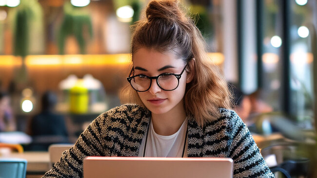 Employee working on a laptop in a café setting.